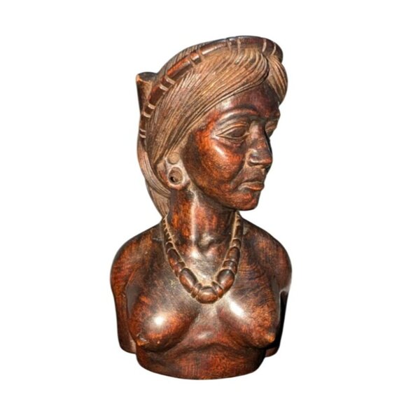 African Inspired Hand-Carved Wooden Female Bust Statue 7 in tall - Picture 3 of 16